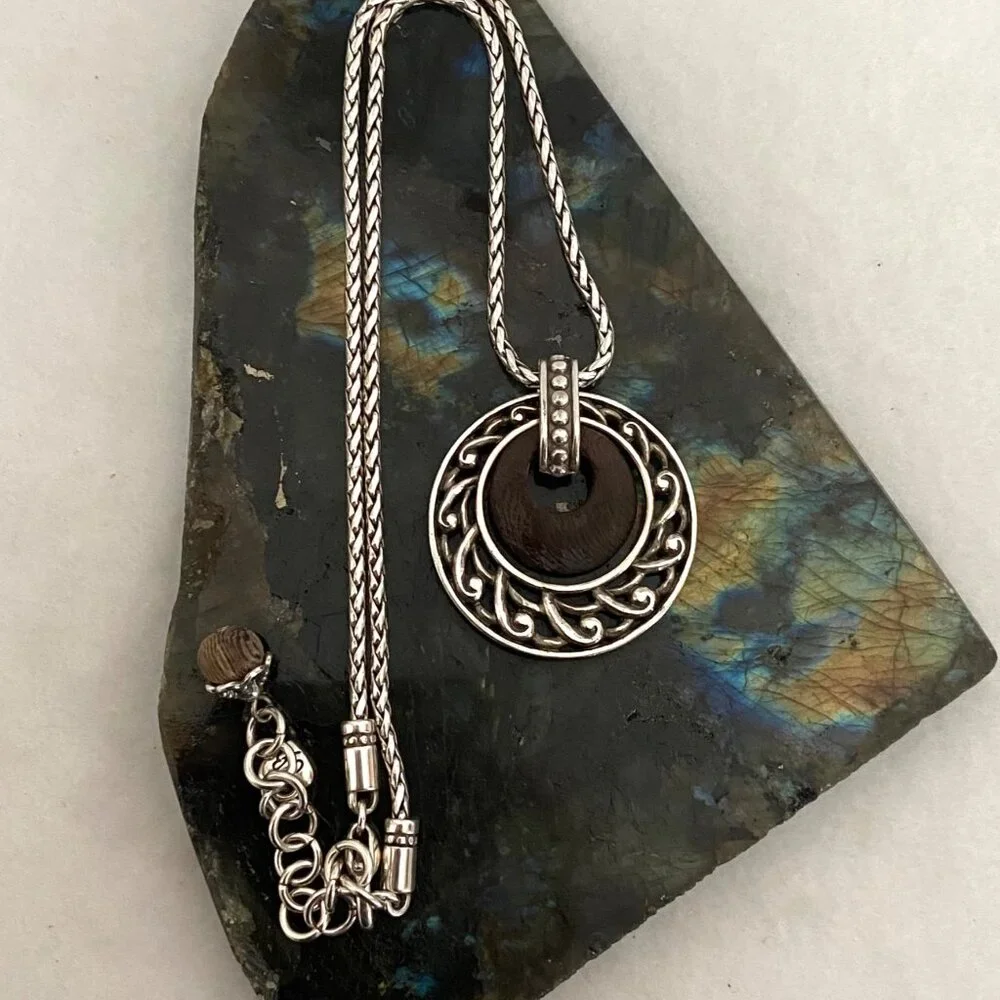 Brighton Katu Collection Silver Plated Round Wood Pendant Necklace 16